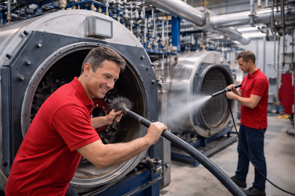 Techniker bei der Reinigung eines Kessels